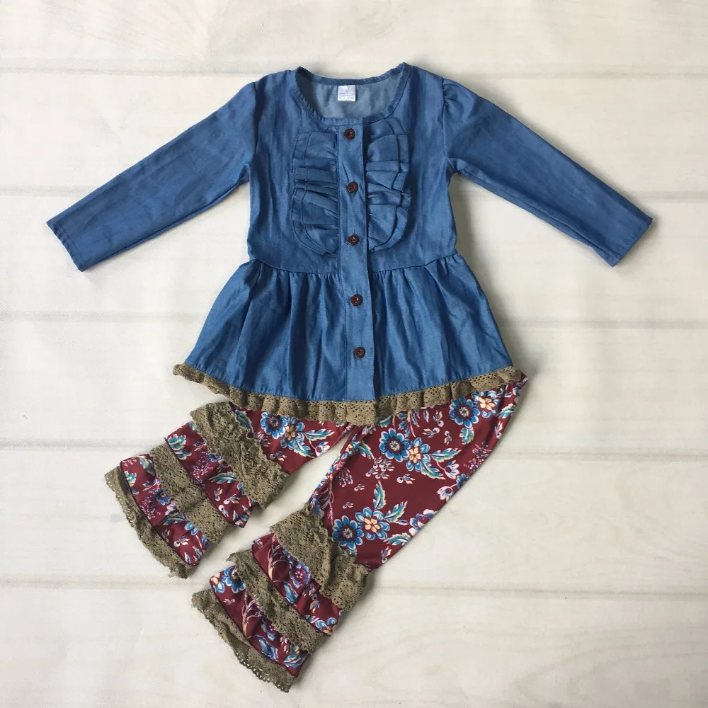 

CONICE NINI Brand Hot Sale Children Boutique Clothing Solid Blue Denim Cardigan Top Mutil Ruffle Pants Kids Clothes 2GK807-473