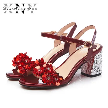 

Classics Style Women Sandals High Heels Sandals for Woman Summer Genuine Leather Shoes Woman Red Silver Flower Large Size 34-43