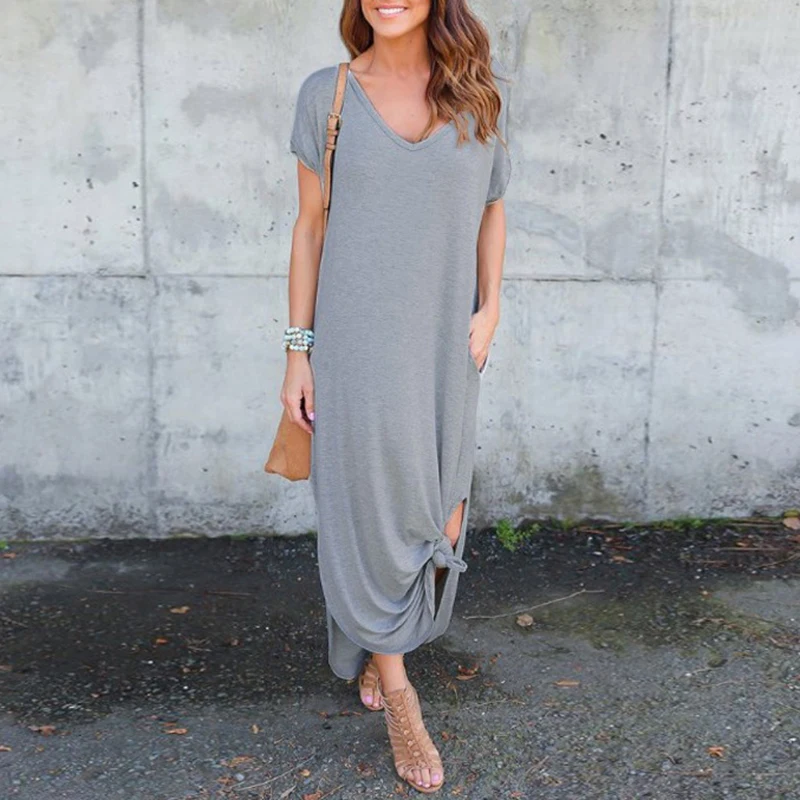 

loose soft short sleeve Asymmetric bowknot Women Dress Split causal loose v neck solid color Evening Party mid calf Dress Summer