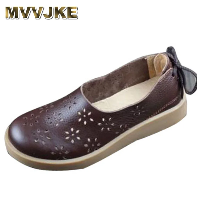 

MVVJKE Women Shoes Flat Hollow Out Breathable Summer Shoes 100% Authentic Leather Round toe Slip On Flats Female Footwear