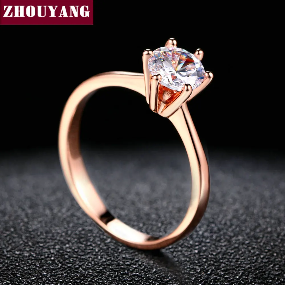 ZHOUYANG Wedding Ring For Women Rose Gold Color Six Claw Cubic Zirconia Round Cut 1 Carat 6mm Fashion Jewelry R013 R014