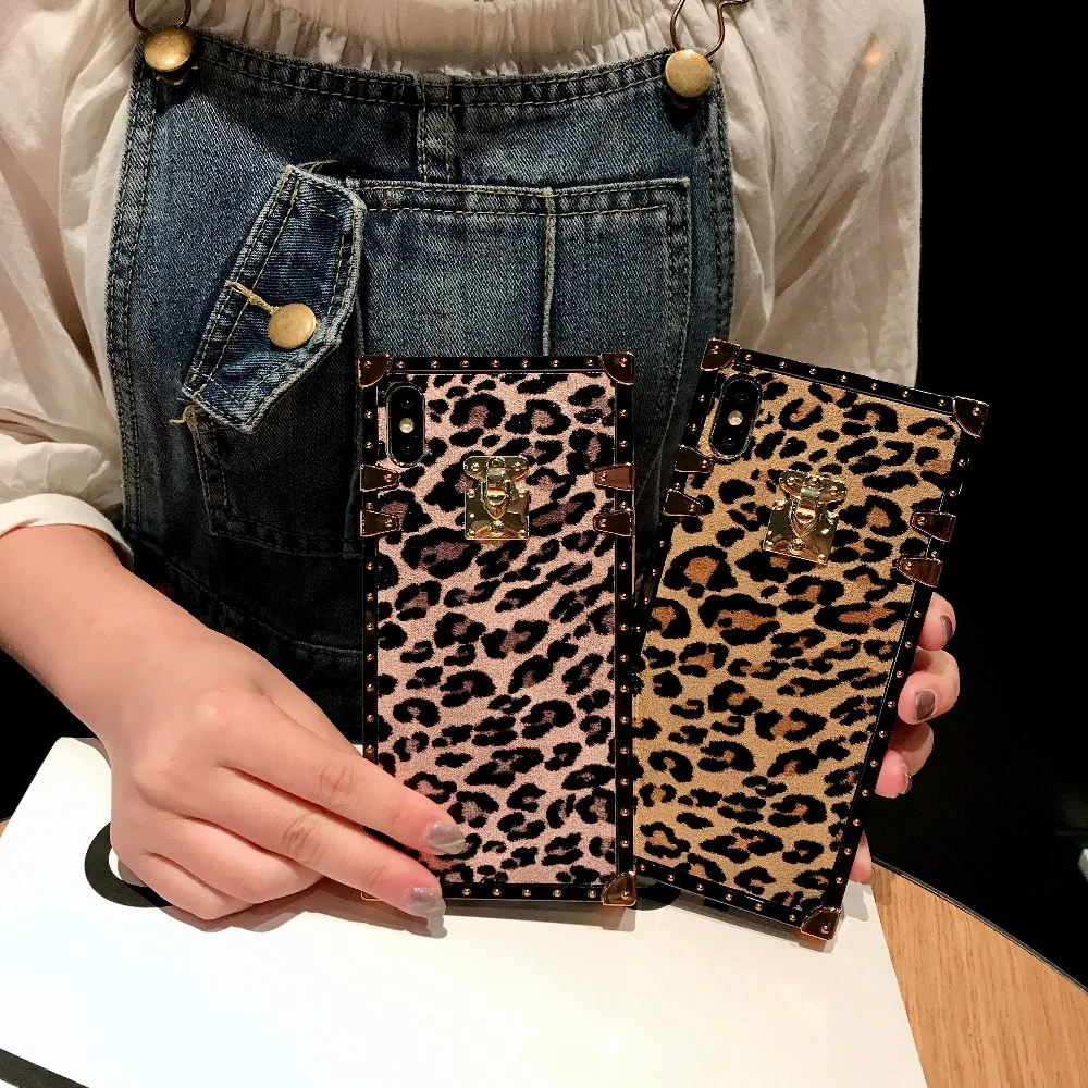 Fashion Rivet Square Box Leopard Case Cover For iPhone 11 Pro XS Max XR X 8 7 6S Plus Samsung Galaxy NOTE 10 9 8 S10E S9 S8 Plus