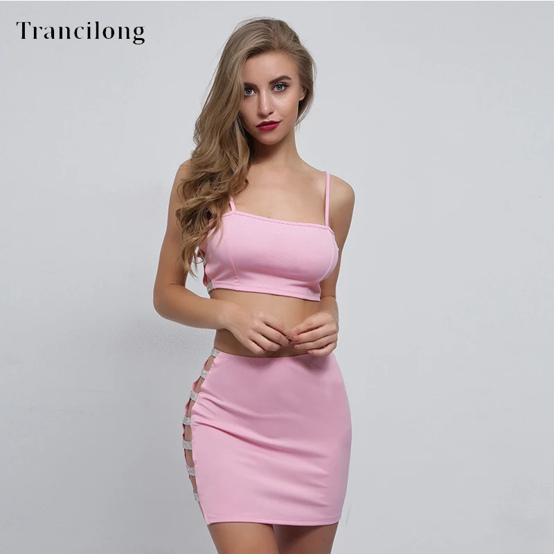 

Trancilong Sexy Metallic Crystal Stitching Two-piece Women's Halter Straps Tube Top And Openwork Diamond Skirt Party Club Set