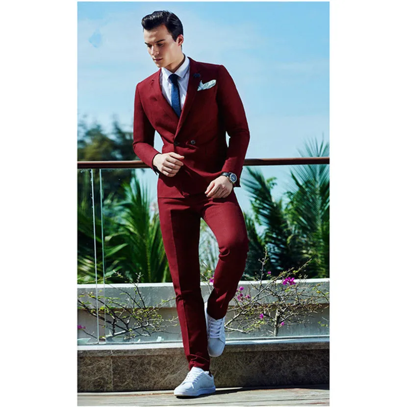 

New Arrival Classic Style Burgundy Double Breasted Men Suit Terno Slim Fit Skinny 2 Piece Tuxedo Prom Jackets + Pants