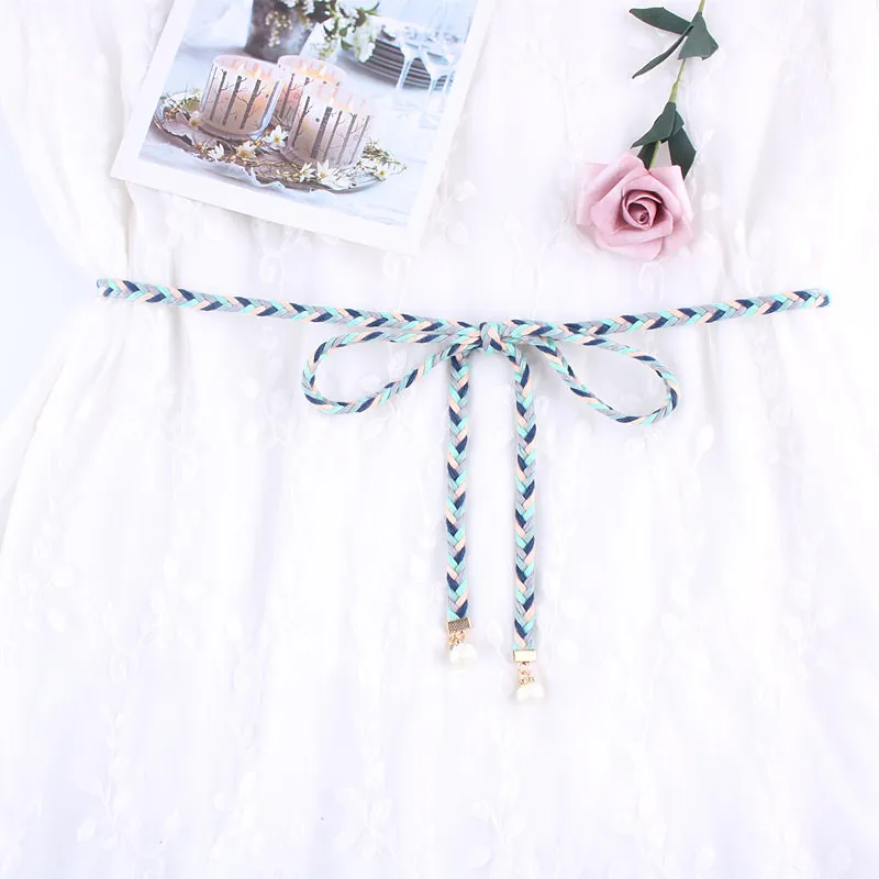 Женские разноцветные жемчужные трикотажные cкручивание плетение волос Twist weaving плетеный ремень для женщин талия узел веревка Женская хлопковая нить ремень