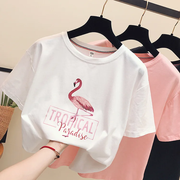 

SYDanne 2019 Fashion Women T-shirt Flamingo Embroidery White T-shirts Casual Short Sleeve Tops Camiseta Feminina Size M-XXL