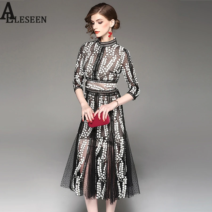 

Ladies Elegant Black Dresses 2018 Fashion Autumn 3/4 Sleeve Floral Embroidery Hollow Out Patchwork High Quality Designer Dress