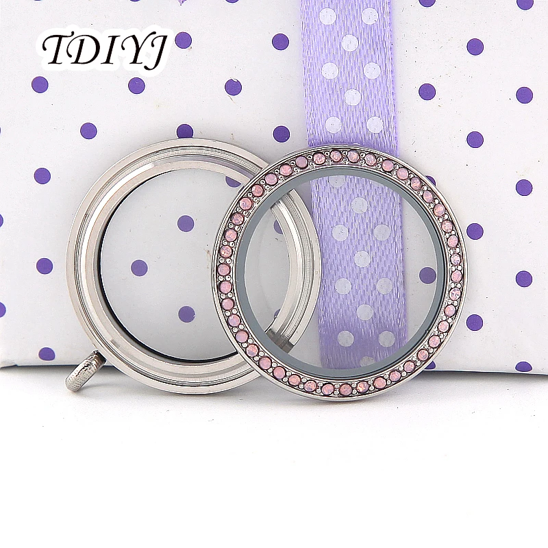 

TDIYJ Top Selling 30mm Stainless Steel Round Twist Memory Locket with Pink Crystals fit for Floating Charms 10pcs/lot