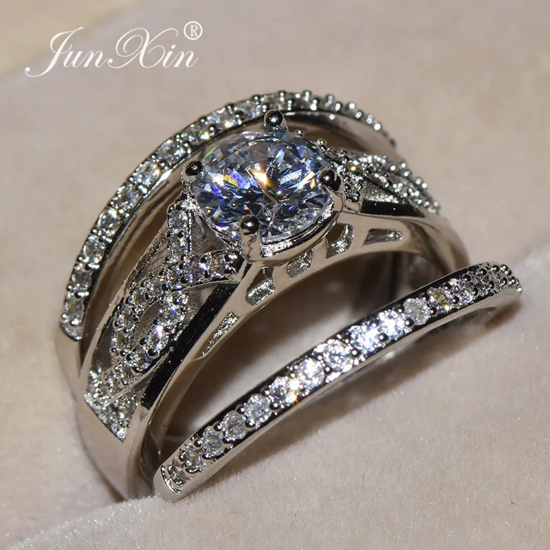 

JUNXIN Female Round Zircon Stone Ring Set White Gold Filled Wedding Jewelry Luxury Stackable Engagement Rings For Women