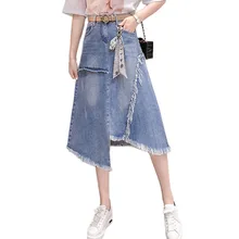 Асимметричные Длинные джинсовые юбки женские летние с высокой талией А-силуэта джинсовые юбки Повседневные Большие размеры с кисточками синие горячие юбки Jupe Femme