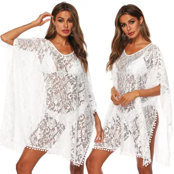 

Beach Dresses For Women Bikini Cover Beachwear Dress Plus Size Swimwear Swim Wear Loose Irregular Lace White Ball Stitching