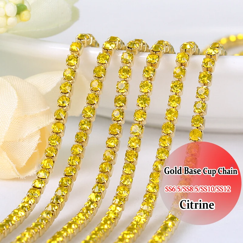 3mm Sewing On Rhinestones crystal rhinestone chain trimming Citrine Gold Base chain DIY Chain