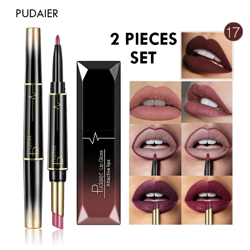 

New 2 Pieces Lips Makeup Set Double Head Matte Lipstick Lip Liner with Moisturizing Lip Gloss Lip Tint Make Up Kit Nude Cosmetic