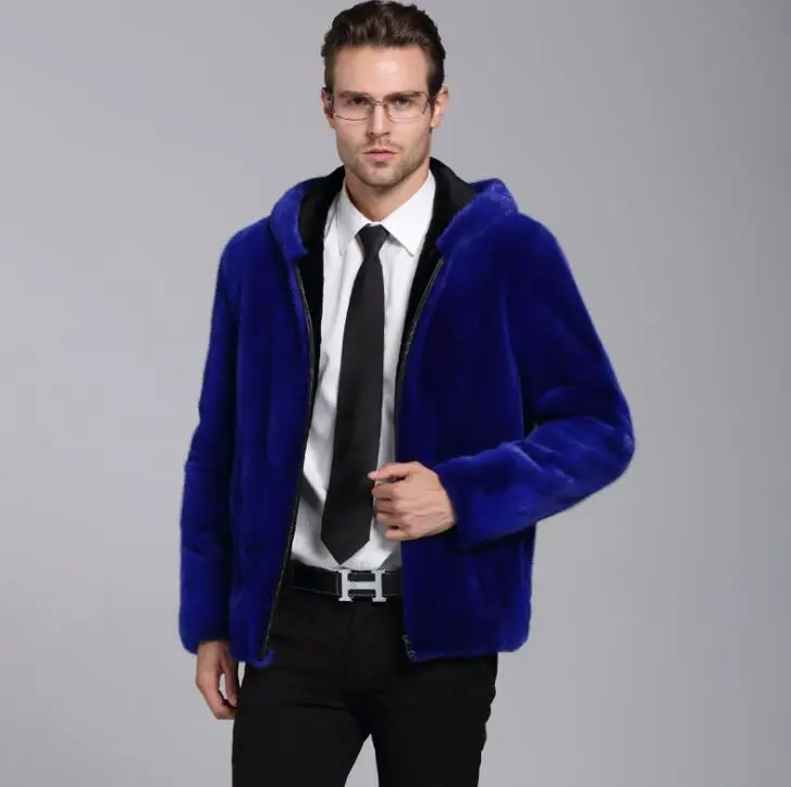 Faux mink leather jacket mens winter thicken warm fur leather coat men slim jackets jaqueta de couro fashion autumn blue hooded