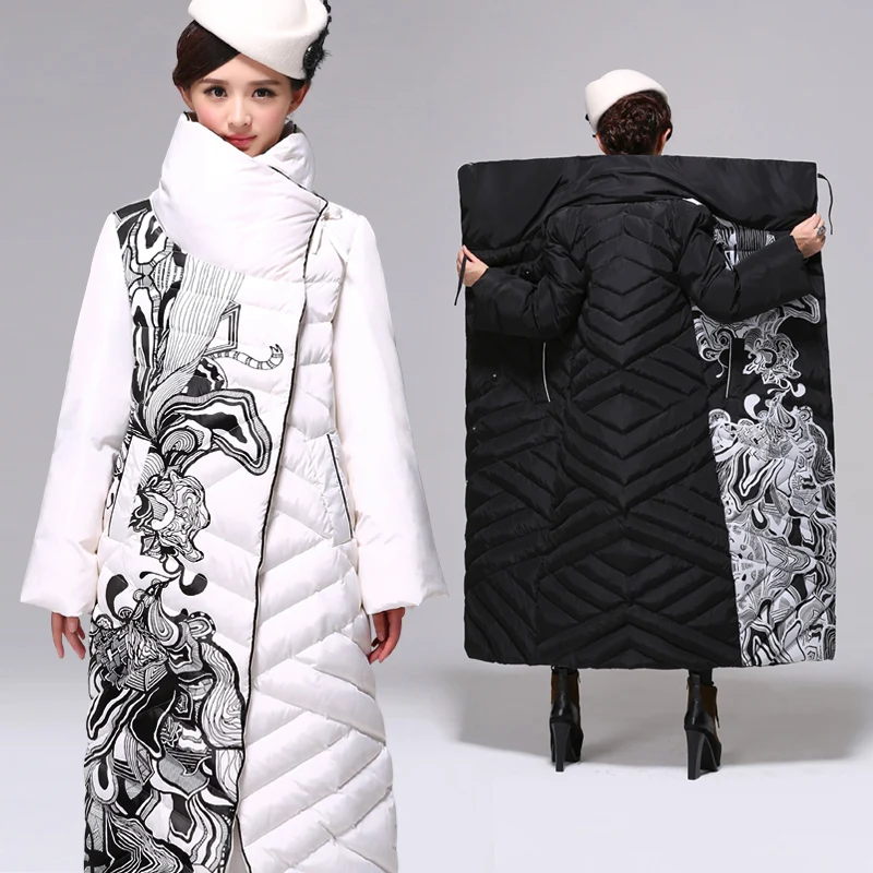 Korean Vintage Printed Winter Jacket Women 2016 Long X long Plus Size XXXL Warm Dock Down