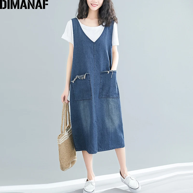 

DIMANAF Plus Size Women Dress Summer Denim Blue Cotton Vest Sleeveless Big Size Female Vestidos Casual Loose Basic Dress 2019