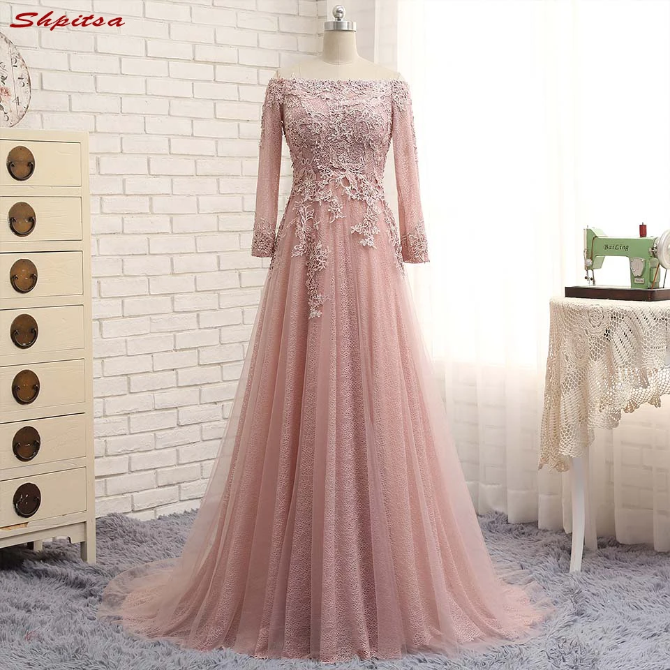 Lange Mouwen Lace Moeder van de Bruid Jurken voor Bruiloften Off Schouder Kralen Formele Godmother Bruidegom Lange Jurken Lange Mouwen Lace Moeder van de Bruid Jurken voor Bruiloften Off Schouder Kralen Formele Godmother Bruidegom Lange Jurken