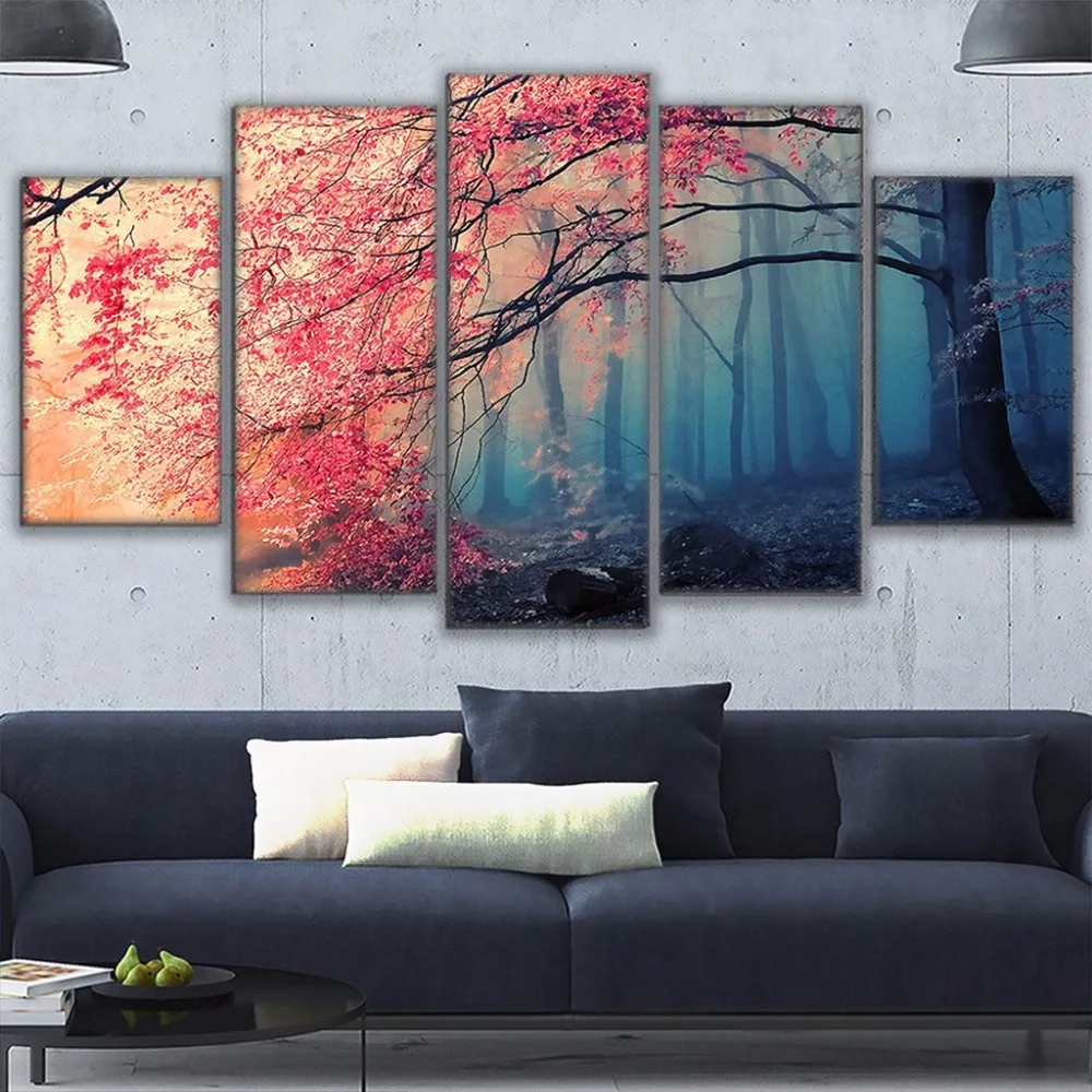 Плакат HD печатает современные стены искусства холст для гостиной 5 шт. вишни картины декор Красные Деревья лес живопись