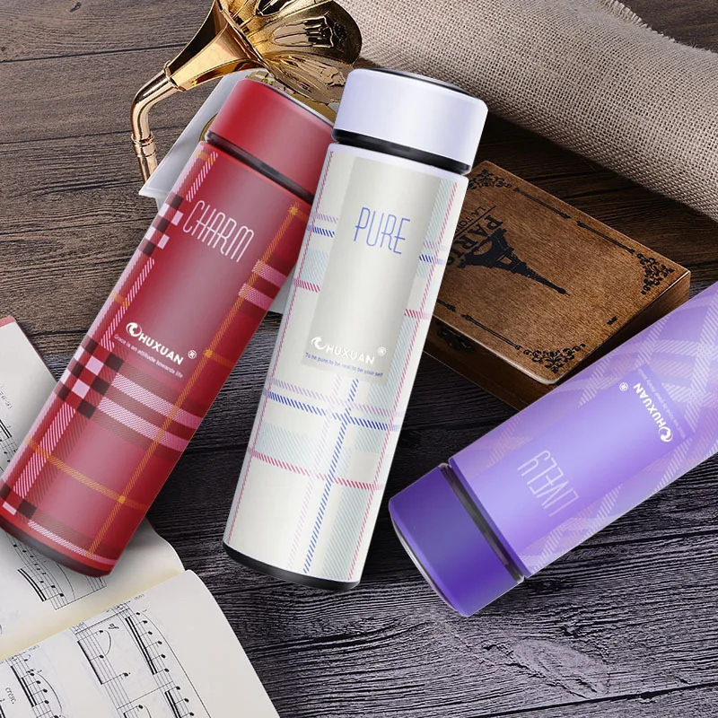 Creative Plaid Double Wall Vacuum Flask Thermos Bottle 304 Stainless Steel Thermal Insulation Cup Student Withe Pink Blue 450Ml | Дом и сад