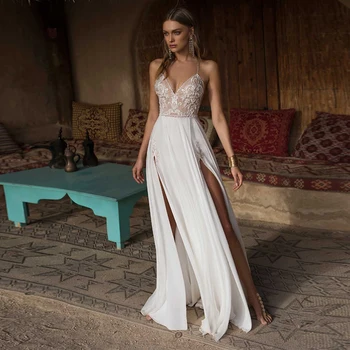 

Verngo Boho Wedding Dress Sexy Side Slit Beach Wedding Dress V-Neck Bride Dress Spaghetti Straps Weeding Gowns Vestido De Noiva
