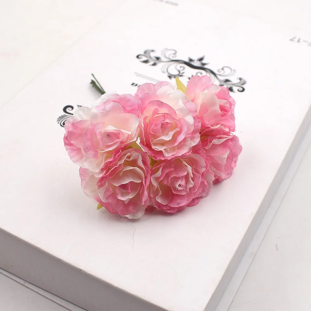 6 шт., искусственный цветок, 3,5 см, шелк, высокое качество, букет роз для свадебного украшения, сделай сам, венок, подарок, скрапбукинг, ремесло, цветок - Цвет: dark pink