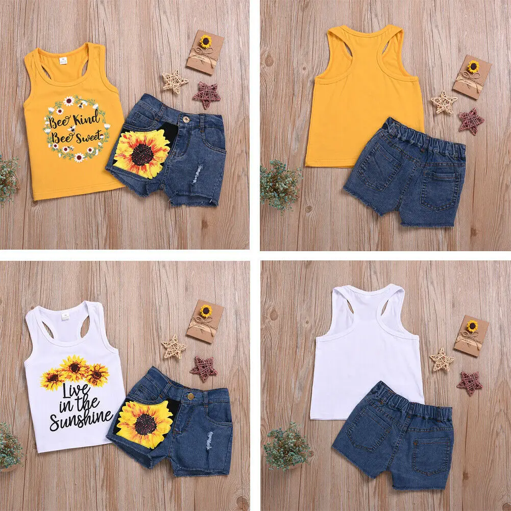 

2019 New Arrival 2PCS Toddler Kids Baby Girl Clothes Sunflower Seeveless Tops T-Shirt+Denim Shorts Outfits Clothes Outfits