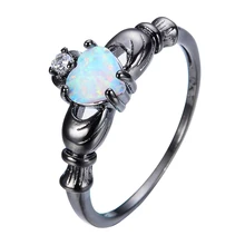 Elegant Heart Cut Rainbow Opal Claddagh Ring Fashion White CZ Wedding Jewelry Black Gold Filled Engagement Promise Rings RB0565