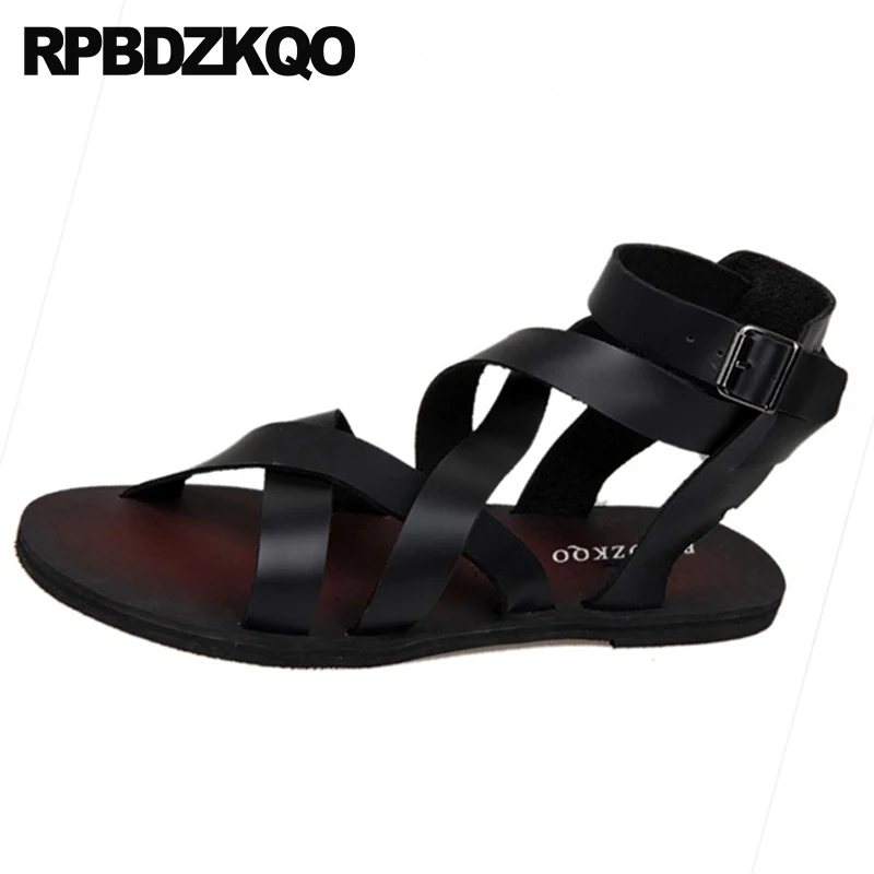 Мода обувь Бургундия воздухопроницаемый Римский открытый носок пляж кожа итальянский Мужчины гладиаторские сандалии лето ботинки черный плоские ремень