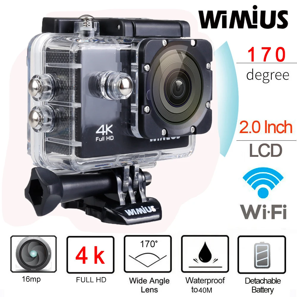 Wimius 4K Sports Action Camera Wifi 16MP HD 2.0inch Waterproof Video Camera Car DVR Helmet Cam +2pcs Batteries +Accessories Kits