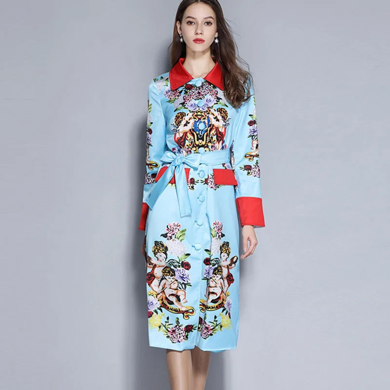 

New 2019 Runway Designer Women Trench Coat Spring Blue Printed Rose Single Breasted Overcoat Fashion Hit Color Long Windbreaker