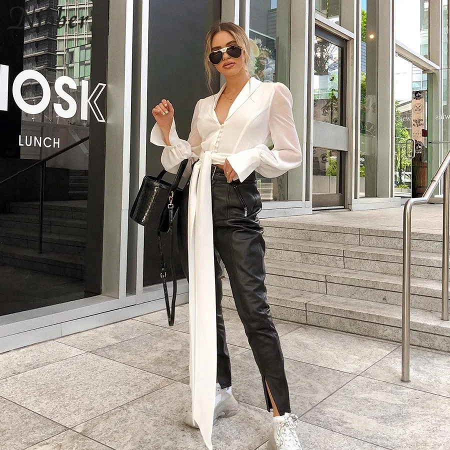 Nibber 2019Autumn Office ladies White Chiffon tops women full sleeve t-shirts Solid Elegant wild Slim Soft Belt tee shirts mujer