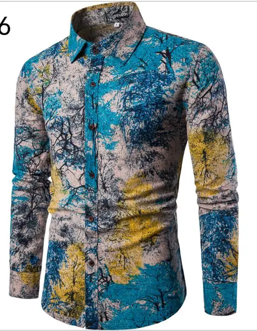 Новая Мужская льняная рубашка, тонкая Повседневная рубашка с длинным рукавом, гавайская пляжная рубашка, Мужская модная рубашка с принтом размера плюс M-5XL - Цвет: 6