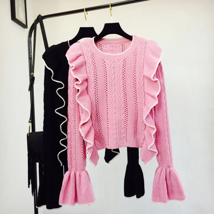 pullovers women sweater office lady computer knitted o-neck butterfly sleeve ruffles female Spring and autumn new sweet Sweaters