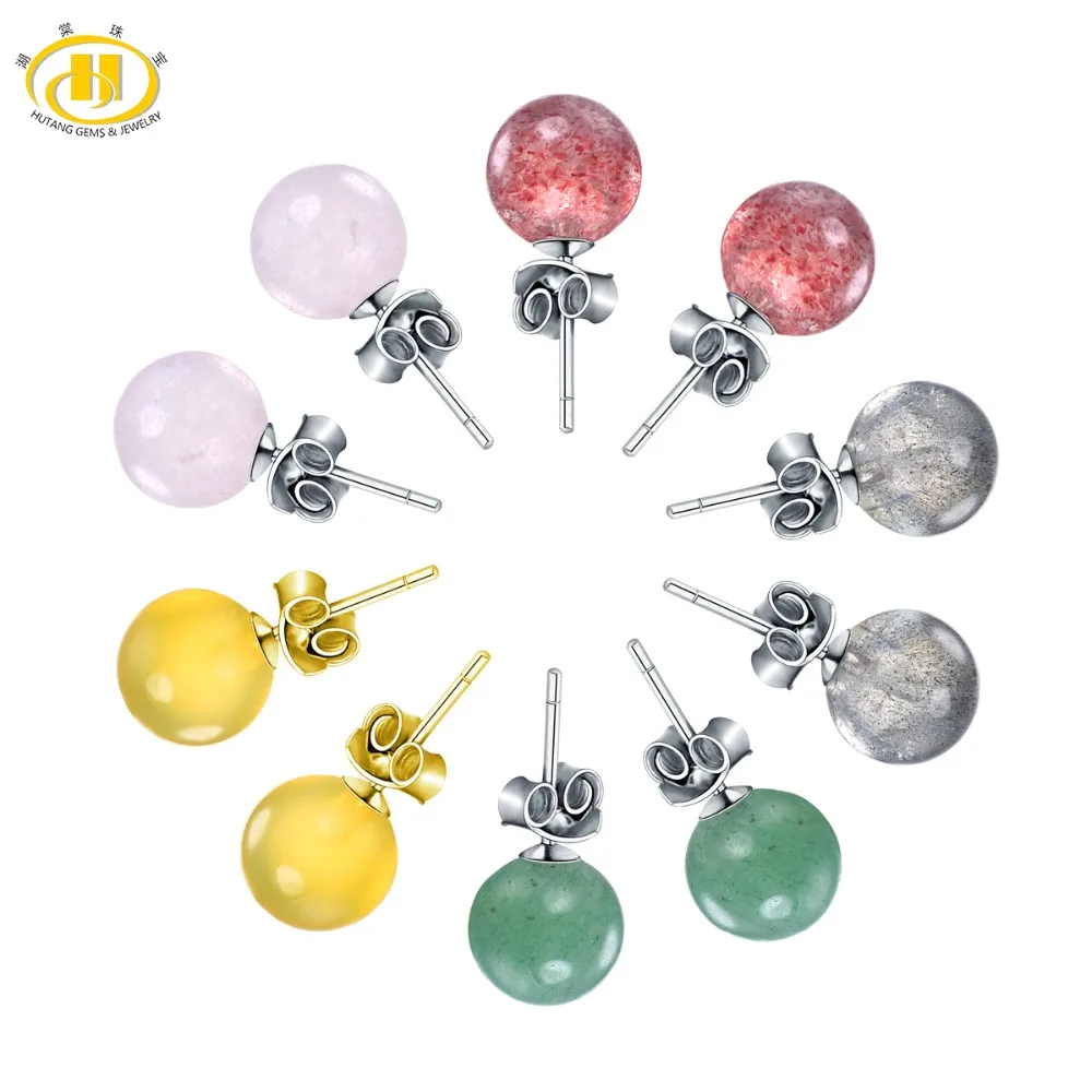 Hutang 6mm Round Natural Agate Jade Rose Quartz Stud Earrings Solid 925 Sterling Silver Multi Gemstone Fine Jewelry for Women Fine Jewelry