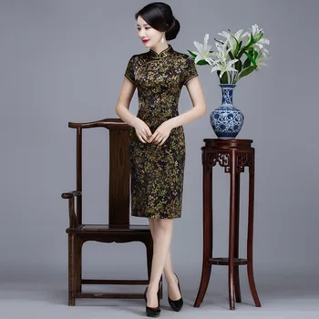

BLACK Floral Women Elegant Silk Chinese Dress Sexy Short Sleeve Split Cheongsam Vestidos Mandarin Collar Classic Qipao M-XXXL
