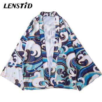 

LENSTID Sea Wave Print Japanese Kimono Long Sleeve Thin Jackets Harajuku Casual Cardigan Coat Summer Hip Hop Streetwear Jacket