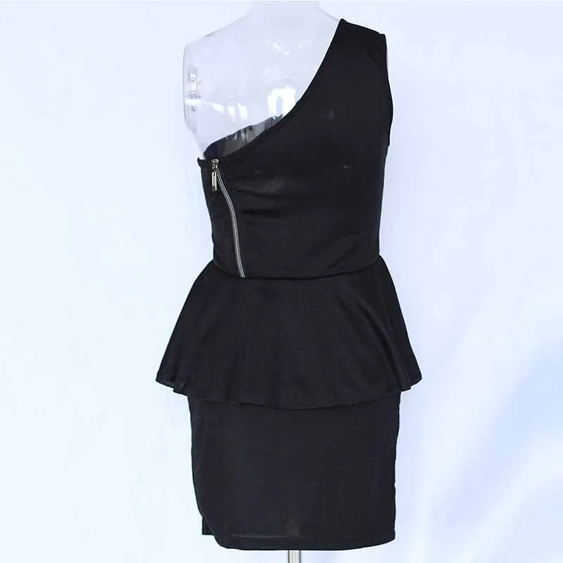 Sexy One Shoulder Ladies Office Dress Black Work Dress Clothes Summer Sleeveless Women Bussiness Style High Waist Wrap Mini Peplum Dress (6)