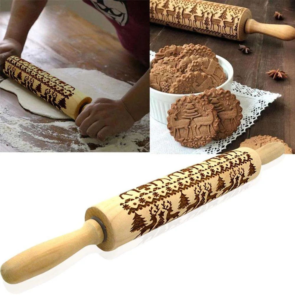 43/35cm Christmas Rolling Pin Engraved Carved Wood Embossed Rolling Pin