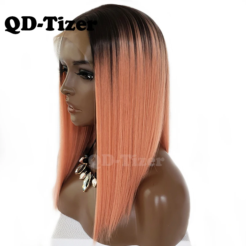 QD Tizer розовый короткий прямой синтетический парик фронта шнурка Короткие Lob