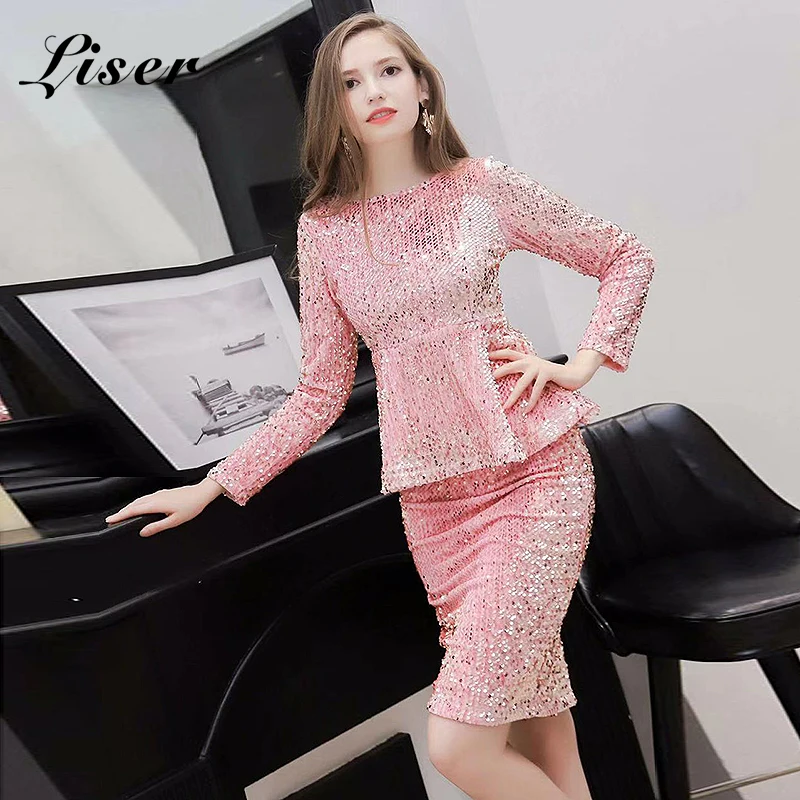 

Liser 2019 New Spring Women Dress O Neck Sequined Two Pieces Dress Sexy Bodycon Club Party Black Pink Wine Red Dresses Vestidos