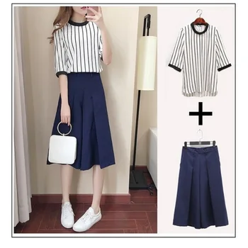 

Fashion 2 Piece Set Women 2018 Casual Loose O-neck Half Sleeves Striped Tops + Wide Leg Pants Summer Female Office Suit Set H8