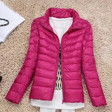 Большие размеры ультра легкие тонкие белые пуховики на утином пуху женские пуховики с стоячим воротником на осень