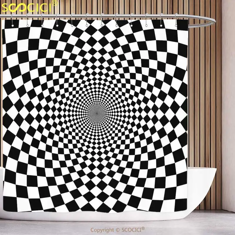 

Decorative Shower Curtain Black and White Optic Illusion Motif Zoom Minimalist Reflecting Symmetric Squares Artwork Black White