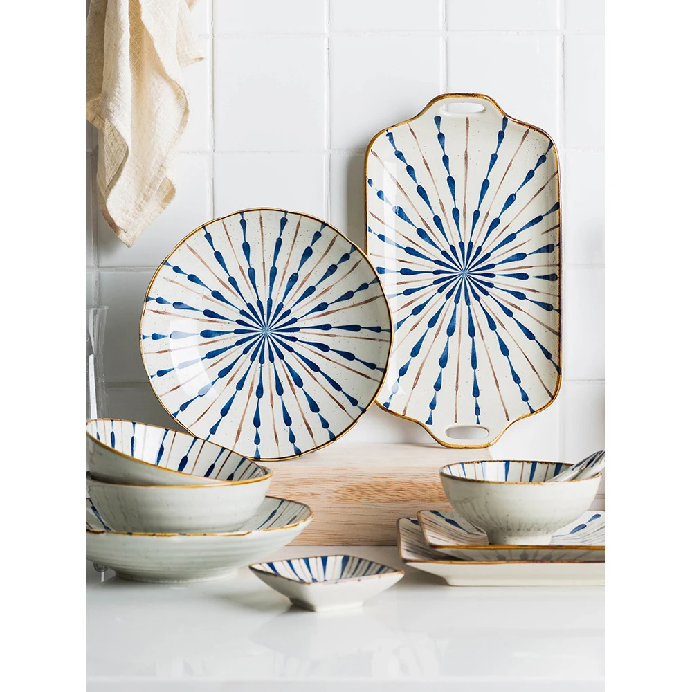 

MDZF SWEETHOME Japanese Style Glaze Ceramic Bowl Plate Rice Salad Dessert Soup Bowl Sauce Food Plate Dish Dinnerware Set