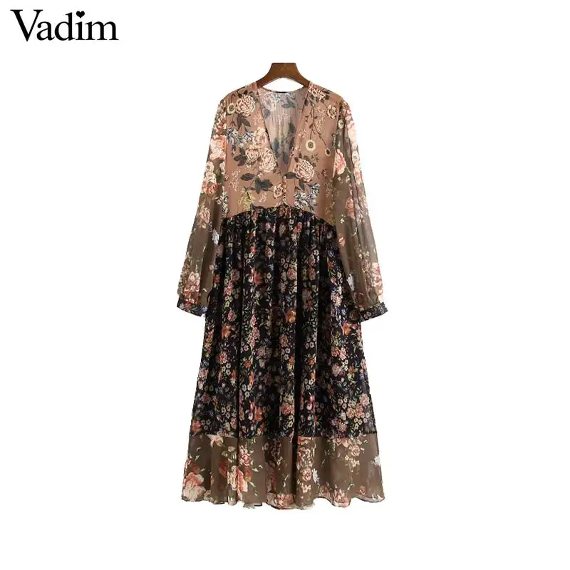 Vadim женское шифоновое плиссированное платье с v-образным вырезом, прозрачное винтажное женское платье с длинным рукавом в стиле ретро, шикарное платье до середины икры, vestidos QA763