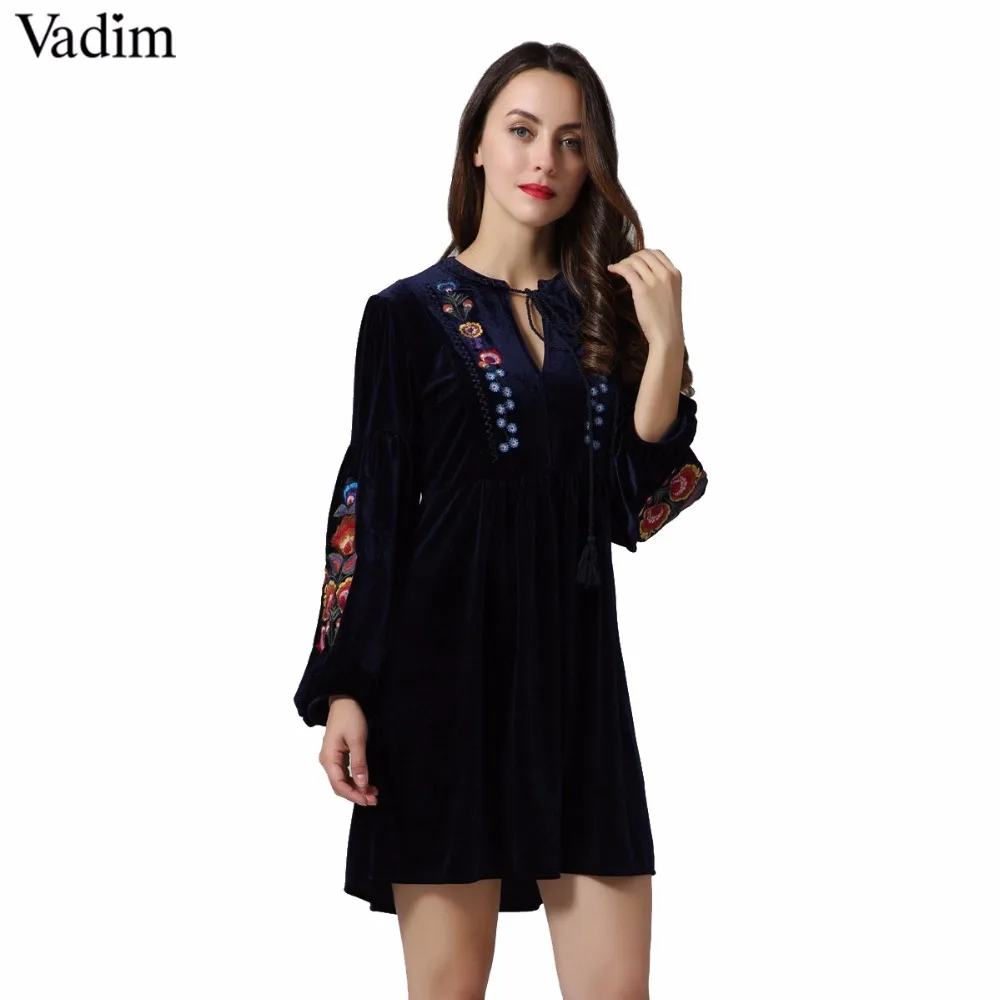Vadim, винтажное бархатное платье с цветочной вышивкой, с галстуком-бабочкой, с рукавом-фонариком, милые повседневные свободные плиссированные платья с кисточками, vestidos