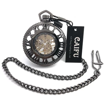 

New Arrival CAIFU Brand Skeleton Steampunk Big Dial Hand Wind Mechanical Pocket Watch Roman Number Dial Black Case Open Face