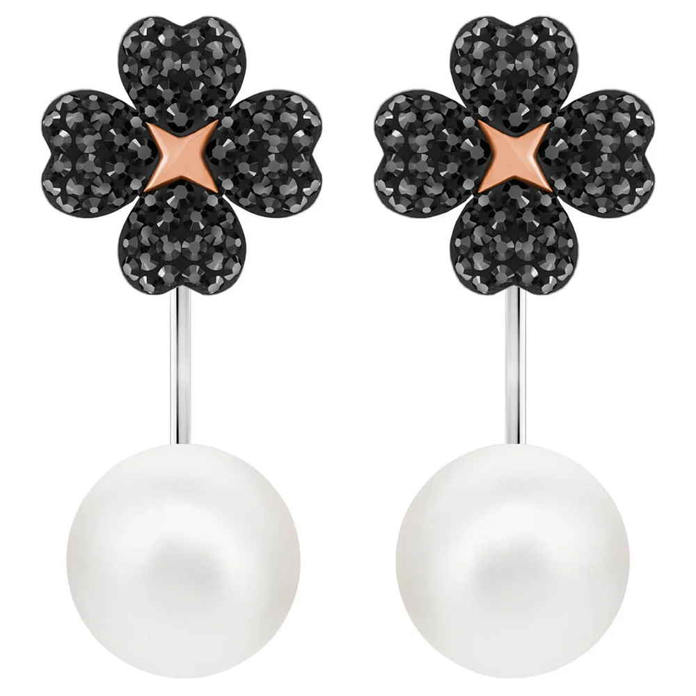 

SWA RO New Black Four Leaf Clover Pearl Dual Use Flower Crystal Earrings High End Jewelry Girlfriend Anniversary Love Gift