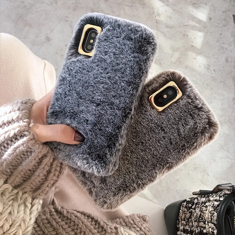 

Fashion Rabbit Fur Plush Phone Case for iPhone X XS MAX XR 8 7 6 6S Plus Woman Case Winter Warm Cute Furry Shell Soft TPU Cover