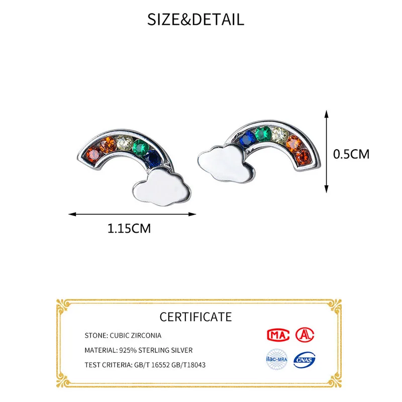 INZATT Real 925 Sterling Silver Cloud Zircon Rainbow Stud Earrings For Elegant Women Party Cute Fine Jewelry Accessories